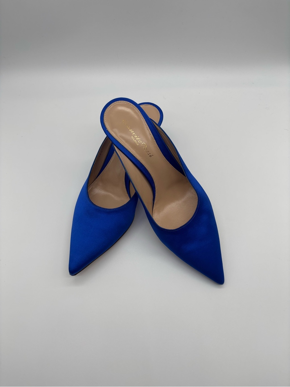 Gianvito Rossi Cobalt Blue Pointed-Toe Satin Slingback Mules - Picture 2 of 8